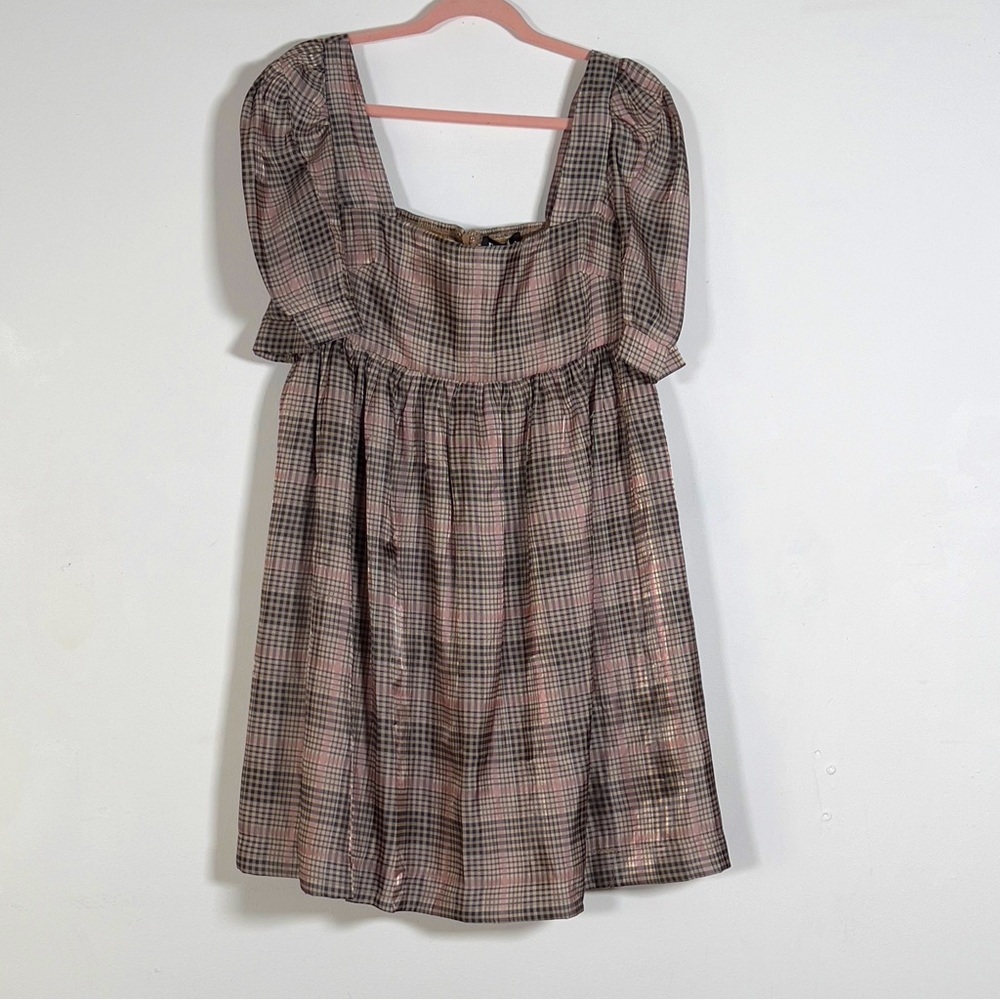 EN SAISON Plaid Organza Babydoll Mini Dress Sz L Puffy Short Sleeve - Picture 4 of 16